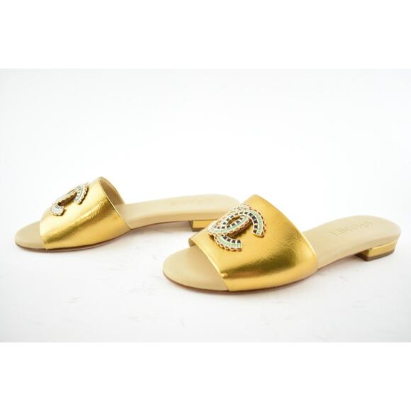 Chanel 19A Gold Laminated Lambskin CC Red Logo Slide Slip On Sandal Mule Flat 36 - Picture 10 of 12